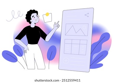 Person taking a note creating a workspace using a note-taking application on her smartphone, young woman standing in front of a huge smartphone, ui elements, vector illustration