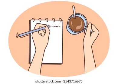 Person taking notes in notebook and drinking coffee. Man or woman handwriting in notepad enjoying warm drink. Planning or making list. Vector illustration.