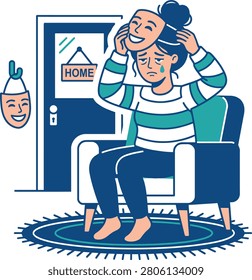 Person taking off a smiling mask to reveal a tired, sad face after returning home, next to a door with a HOME sign. Suitable for mental health, authenticity, and emotional wellbeing content.
