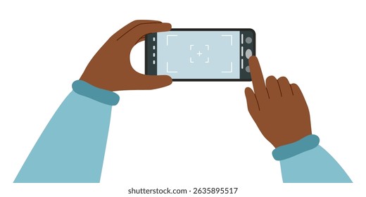 Person taking a photo by a phone camera. Human hands with a phone camera isolated on white. Vector clipart. Phone screen mockup.