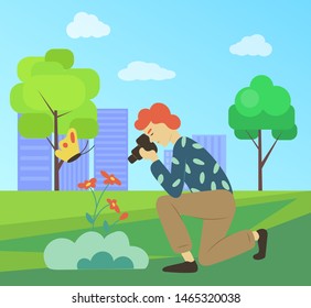 Person taking photo with camera vector, character on nature city park, outside leisure. Man looking on flowers and butterflies through lens hobby of people. Flat cartoon
