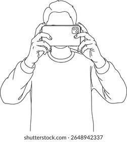 Pessoa Tirando Foto ou Gravando Vídeo com Smartphone - Ilustração minimalista do vetor da arte da linha
