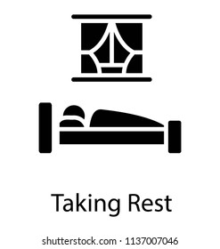 A person taking rest on a bed comfortably characterizing sleeping room 