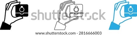 Person taking selfie with smartphone in three different hand positions isolated on transparent background, Vector