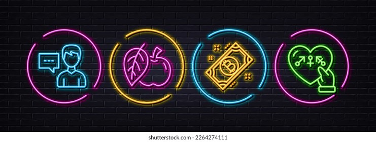 Person talk, Bitcoin and Apple minimal line icons. Neon laser 3d lights. Genders icons. For web, application, printing. Communication message, Cryptocurrency coin, Fruit. Inclusion. Vector