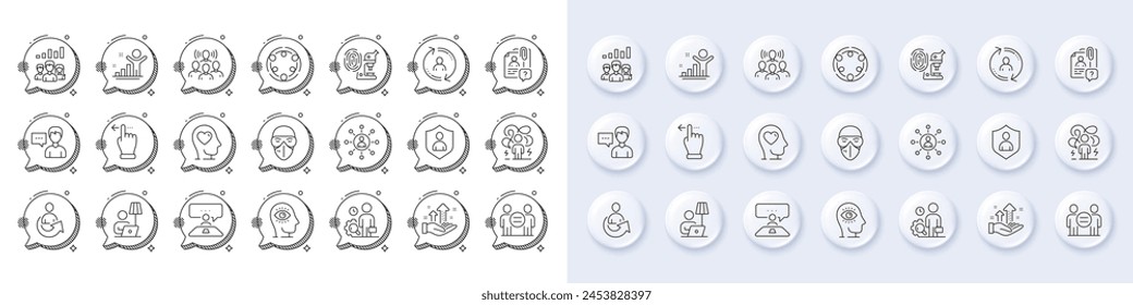 Person talk, Fingerprint research and User info line icons. White pin 3d buttons, chat bubbles icons. Pack of Search employee, Share, Mental health icon. Vector