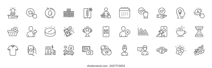 Person talk, Refill water and Medical tablet line icons. Pack of Lounger, Refrigerator, Photo camera icon. Victory, Doctor, Vr pictogram. Training results, Quiz test, Love gift. Line icons. Vector