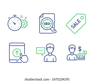 Person talk, Seo file and Sale ticket line icons set. Cogwheel timer, Swipe up and Business growth signs. Communication message, Search document, Discount coupon. Engineering tool. Vector