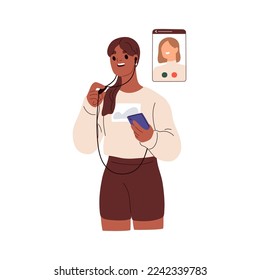 Person talking during mobile phone call, using earphones and mic. Woman speaking, holding smartphone telephone in hands, remote communication. Flat vector illustration isolated on white background