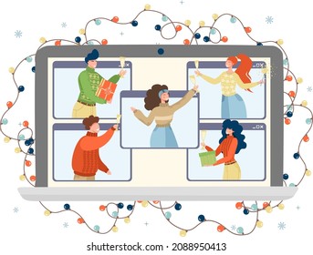 A person is talking to friends through a laptop. The guy and the girl congratulate their friend friend on Christmas online. Online New Years celebration, party. Virtual sending of gifts.