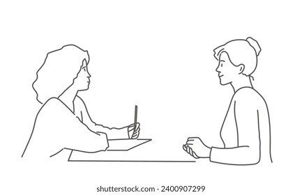 Person talking to psychotherapist. Private psychology, psychotherapy help concept. Hand drawn vector illustration. Black and white.