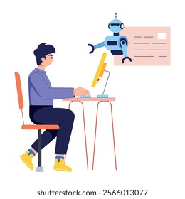 Person talking with robot assistant, flat illustration 
