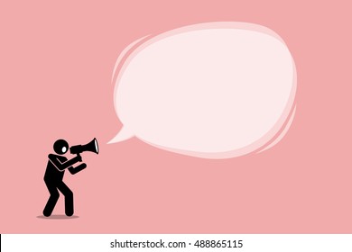 Person talking and shouting using a megaphone to promote, call, and tell an important announcement in a big promotional bubble speech message. Vector depict marketing, promotion, and advertisement.