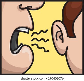 Person talking whispering on other person ear. Vector cartoon illustration