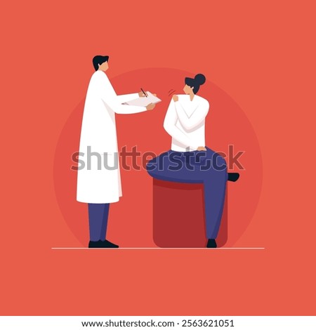 Person talks about shoulder problem to doctor or physiotherapist, rehabilitation center concept