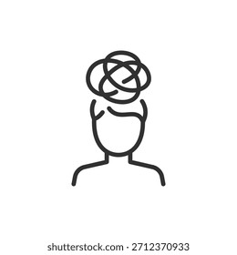 Persona con líneas enredadas en la cabeza, icono lineal. Confusión y agobio mental. Línea con trazo editable.