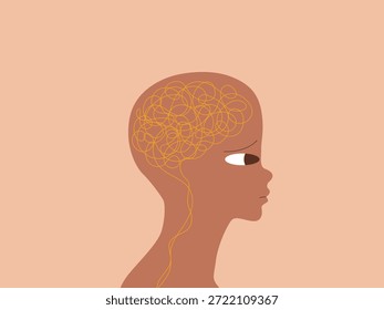A person with tangled yellow lines inside their head, minimalist illustration symbolizing mental confusion, anxiety, and complex thoughts