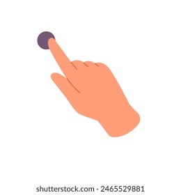 La persona toca el punto de la pantalla del sensor con el dedo índice. Gesto de la mano para el control de la interfaz, dispositivos de la pantalla táctil: toque, presione, empuje, Hacer clic. Ilustración vectorial aislada plana sobre fondo blanco