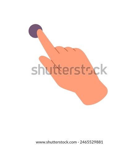 Person taps on point on sensor screen with index finger. Hand gesture for interface control, touchscreen devices: touch, press, push, click. Flat isolated vector illustration on white background