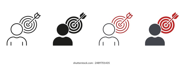 Person with Target Line and Silhouette Icon Set. Goal Strategy, Aim Focus Pictogram. Objective Oriented Human. Dartboard Bullseye and Arrow. Editable Stroke. Isolated Vector Illustration.