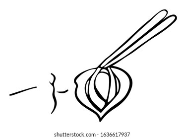 Person tastes noodles with chopsticks. Graphics. Line. Ink