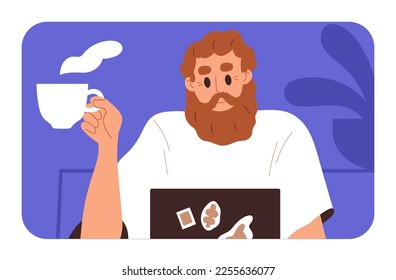 Person with tea cup at computer. Remote freelance worker sitting at laptop with coffee. Online internet work, business concept. Happy man watching video, webinar at PC. Flat vector illustration