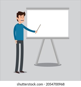 A person teaching a class using a white board and a pointing device