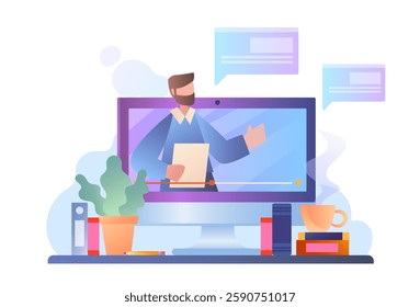 A person teaching online on a computer screen, flat graphic style, white background, concept of e-learning. Vector illustration