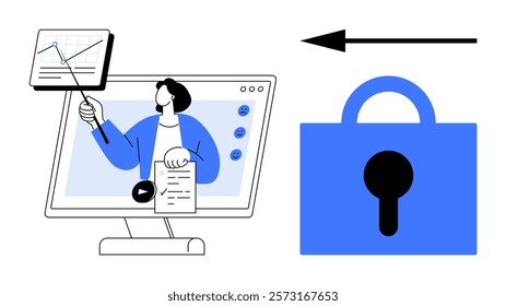 Person teaching online pointing at graph on screen, next to blue padlock with arrow indicating security concept. Ideal for online education, cybersecurity, data privacy, remote learning, secure