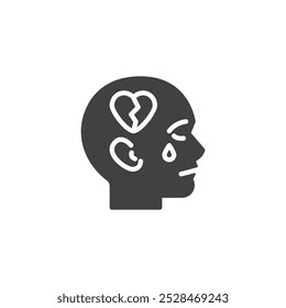 Person with a tear and a broken heart vector icon. filled flat sign for mobile concept and web design. Grief Counseling glyph icon. Symbol, logo illustration. Vector graphics