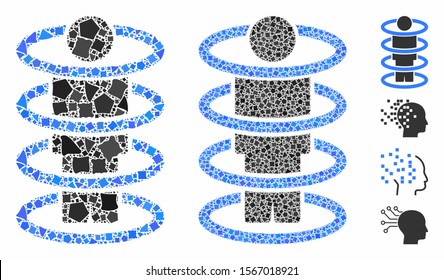 Person teleportation mosaic of unequal parts in various sizes and shades, based on person teleportation icon. Vector unequal items are organized into mosaic.