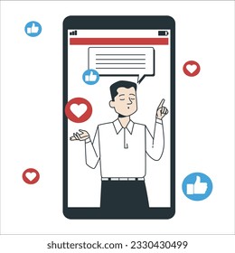 Person telling answer in online test on computer screen. Man student checking knowledge via internet, passing digital exam, quiz. Flat graphic vector illustration isolated on white background. 1894