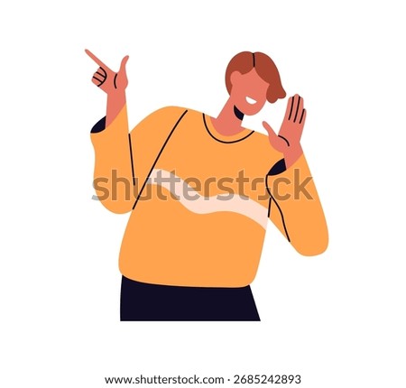 Person telling gossips, talking and pointing with finger, hand. Happy smiling character speaking, chatting, whispering rumors and news. Flat vector illustration isolated on white background