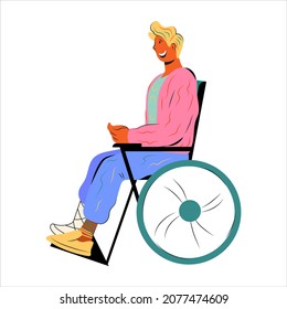 Persona con discapacidad temporal o trauma, hombre con fractura en silla de ruedas. Cobertura de los costos de tratamiento médico y seguro de salud de lesiones, ilustración plana de vector aislada en el fondo blanco.