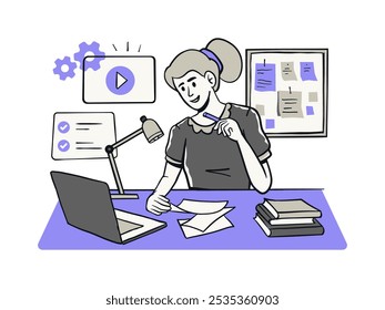 A person at their desk with various materials, including a laptop, notebooks, and sticky notes, organizing and planning their study schedule