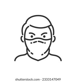 A person with their face covered with a bandana or scarf, linear icon. Disguised criminal. Line with editable stroke