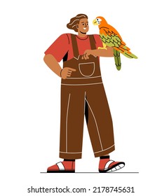 Person With Their Pet. Guy Holds Beautiful Parrot On His Hand. Friendship Between Character And Bird. Owner Loves His Animal And Takes Care Of It. Cartoon Flat Vector Illustration In Doodle Style