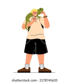 Person With Their Pet. Happy Young Guy Playing With His Lizard Or Iguana. Owner Loves And Cares For His Exotic Wild Animal. Character Friends With Pet. Cartoon Flat Vector Illustration In Doodle Style