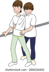 A person and therapist who grabs a handrail and rehabilitates