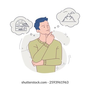 Person thinking about lifestyle items. Young thoughtful man dreams of material values, travel and vacations. Financial planning. Flat outline vector illustration isolated on background
