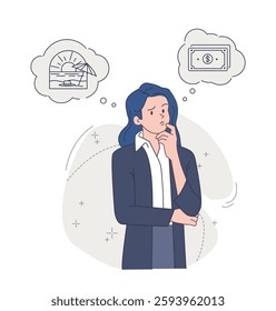 Person thinking about lifestyle items. Pensive young woman dreams of high income, money and travel. Material values. Budget planning. Flat outline vector illustration isolated on background