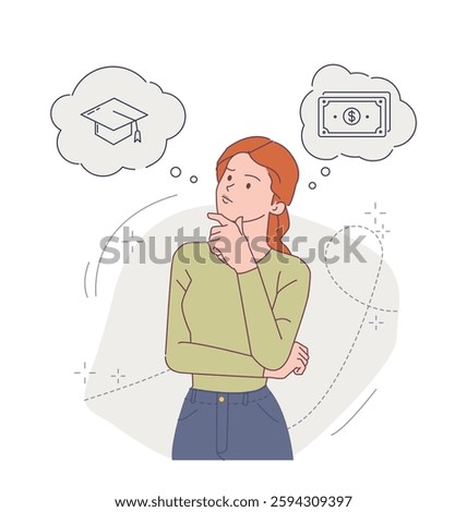 Person thinking about lifestyle items. Pensive young girl student dreams about university education and money. Financial literacy. Flat outline vector illustration isolated on background
