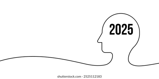 person thinking about new year 2025 simple banner design man face silhouette banner design with 2025 in mind line art style black and white simple banner design with person face silhouette