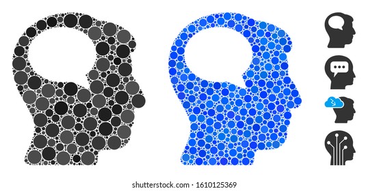 Person thinking composition of filled circles in variable sizes and color tints, based on person thinking icon. Vector random circles are organized into blue illustration.