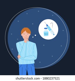 A person thinking or doubting about vaccination, concept to do it or not. Vector flat illustration. 