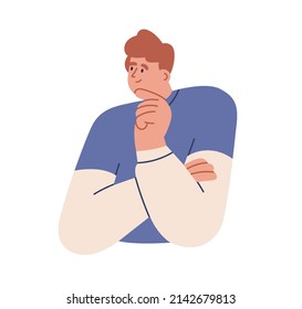 Person thinking, dreaming about idea in mind. Happy inspired thoughtful dreamy man with curious interested face expression, imagining, planning. Flat vector illustration isolated on white background