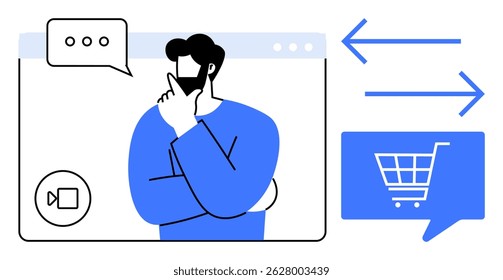 Person thinking during a video call, messages, and shopping cart icons. Ideal for e-commerce, customer support, online business, digital marketing, virtual meetings, remote consultation