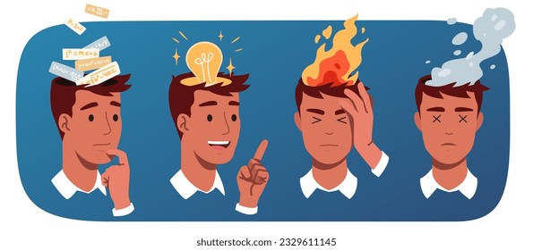 Person thinking hard, having idea, in burnout set. Thoughtful, creative, effective, exhausted man head. Brain efficiency, mind performance, intelligence, study concept flat vector illustration