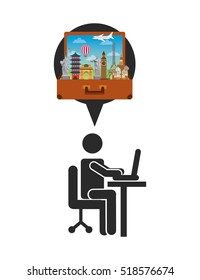 person thinking iconic monuments of the world in suitcase. colorful design. vector illustration