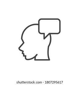 Icono de línea de pensamiento personal. signo de estilo lineal para concepto móvil y diseño web. Icono vector de contorno de la cabeza humana y la burbuja de voz. Símbolo, ilustración del logotipo. Gráficos vectoriales